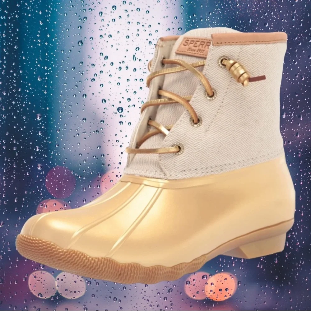 New Sperry Saltwater Metalic Gold Fleece Lined Waterproof Duck Rain Boot Sz 10